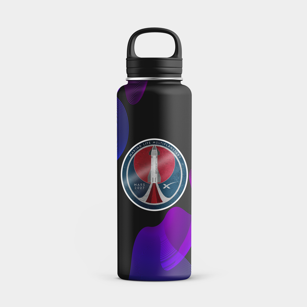 A black insulated water bottle with a black lid and handle, featuring a circular NASA rocket logo and purple abstract wave graphics on a light gray background.